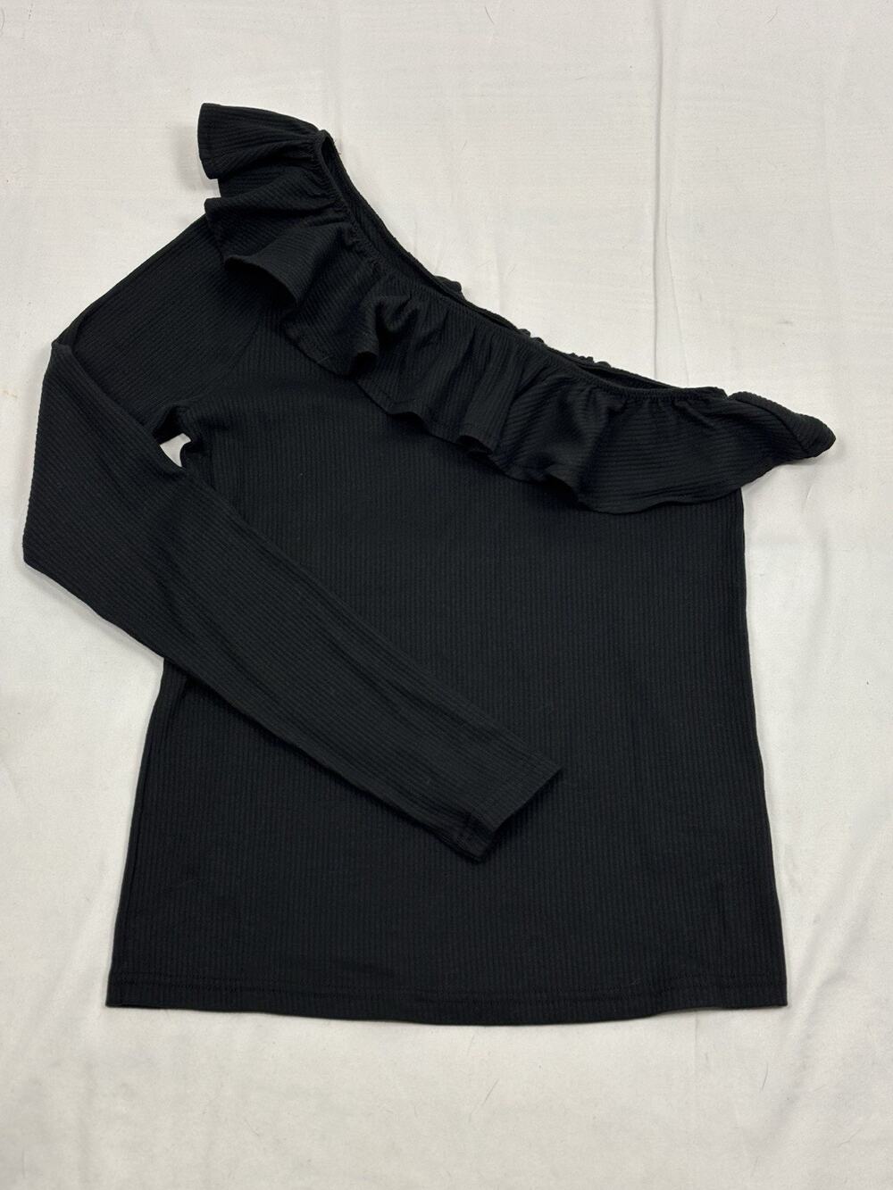 J.Crew Women's One Shoulder Ruffle Neck Top Blouse Black NWT Small Coquette